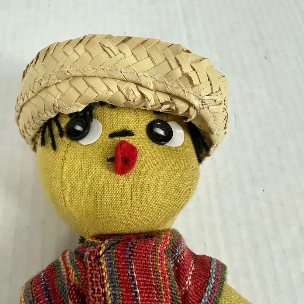 Handmade Folk Cloth Rag Doll Belize Boy Man Straw Hat